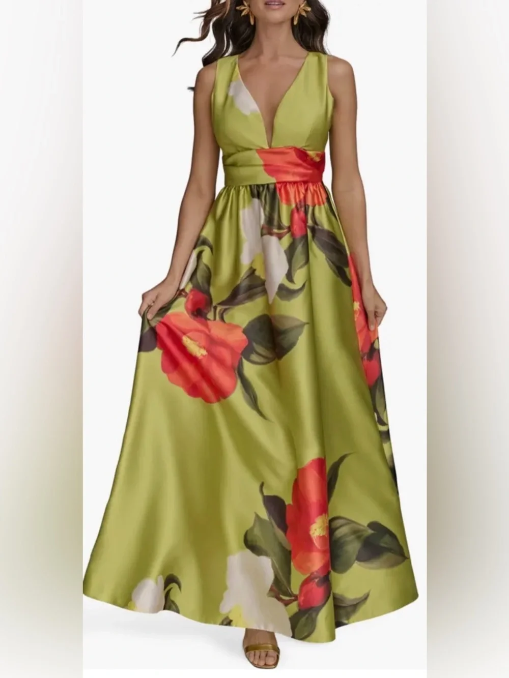 NEW DONNA KARAN NY  Printed V-neck Floral Mikado smmr citro green Gown Sz 12